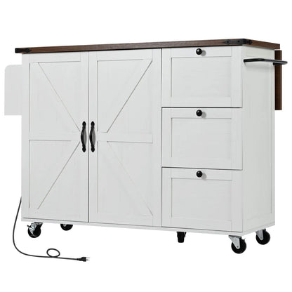 54.5" Farmhouse Kitchen Island with Power Outlet, Kitchen Storage Island  with Internal Storage Rack, Drop Leaf, Spice Rack