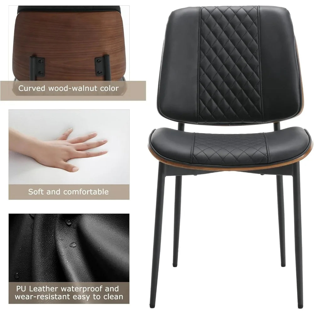 Set of 2 PU Leather Dining Chairs - Mid-Century Bentwood w/ Metal Legs, Modern Walnut Style