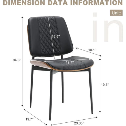 Set of 2 PU Leather Dining Chairs - Mid-Century Bentwood w/ Metal Legs, Modern Walnut Style