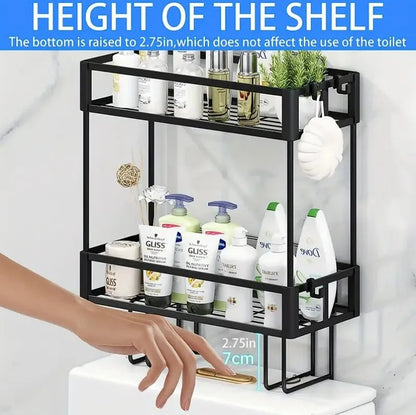 2-Tier Over Toilet Storage Shelf - Wall Mounted with Hooks  Paper Holder, Bathroom Space Saver Organizer for Home,Black