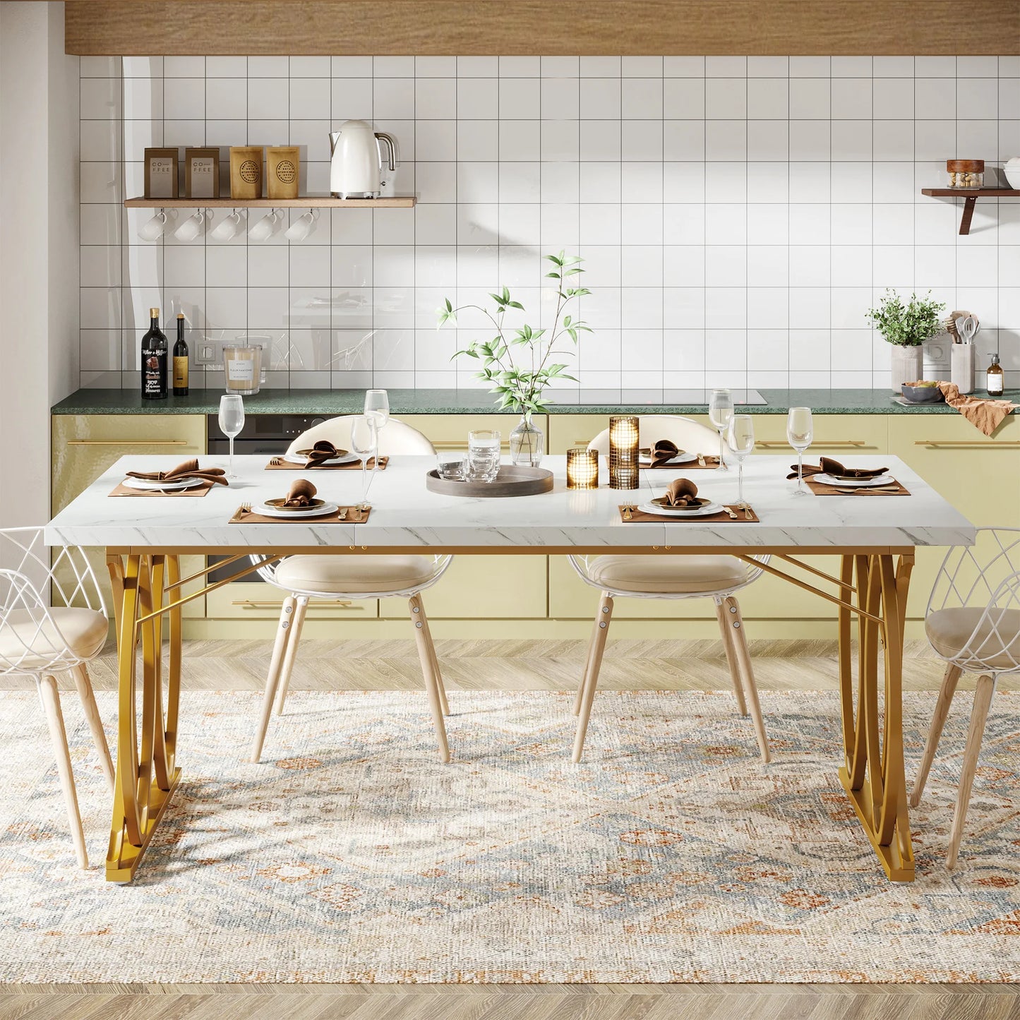 63-Inch Rectangular Dining Table for 4 to 6, Modern Kitchen Table with Faux Marble Table Top