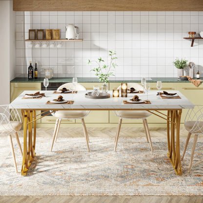 63-Inch Rectangular Dining Table for 4 to 6, Modern Kitchen Table with Faux Marble Table Top