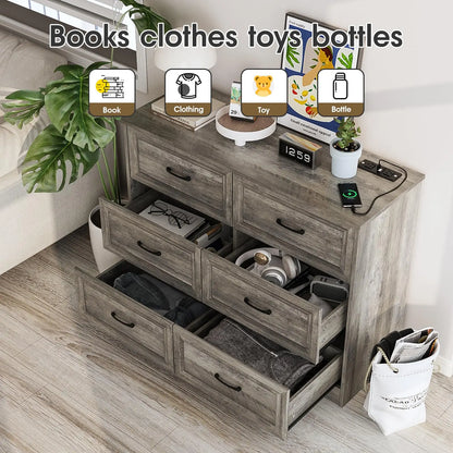 6 Drawer Dresser for Bedroom Wood Chest of Drawers with Power Strip