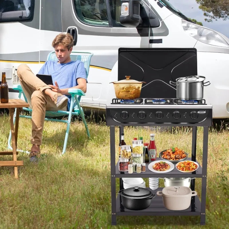 Natural Gas Stove Outdoor 5-Burner Stove Portable, with 2 Placement Boards and Windshield for Outdoor Camping RV Travel