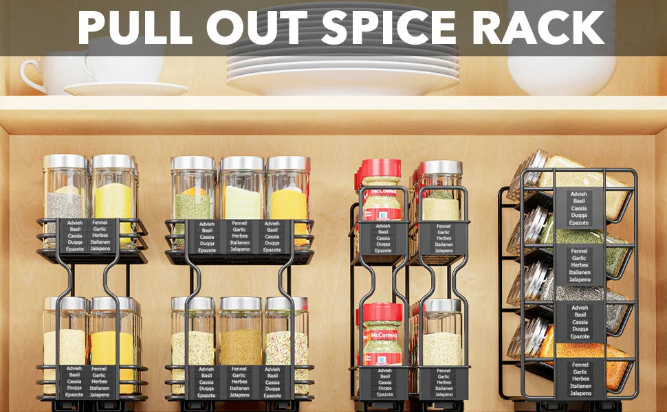 2-Tier Spice Rack Slide Out Wire Basket Drawer Organizer, Black