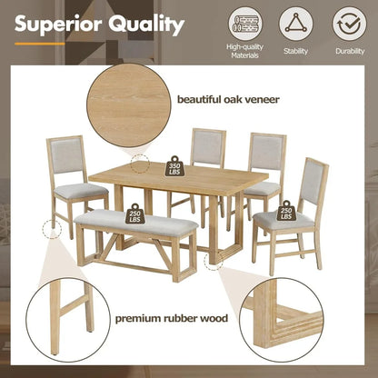 6-Piece Retro Dining Set for 6 Dining Table Set with 4 Upholstered Chairs & 1 Bench Rectangular Table Set with Designed Trestle