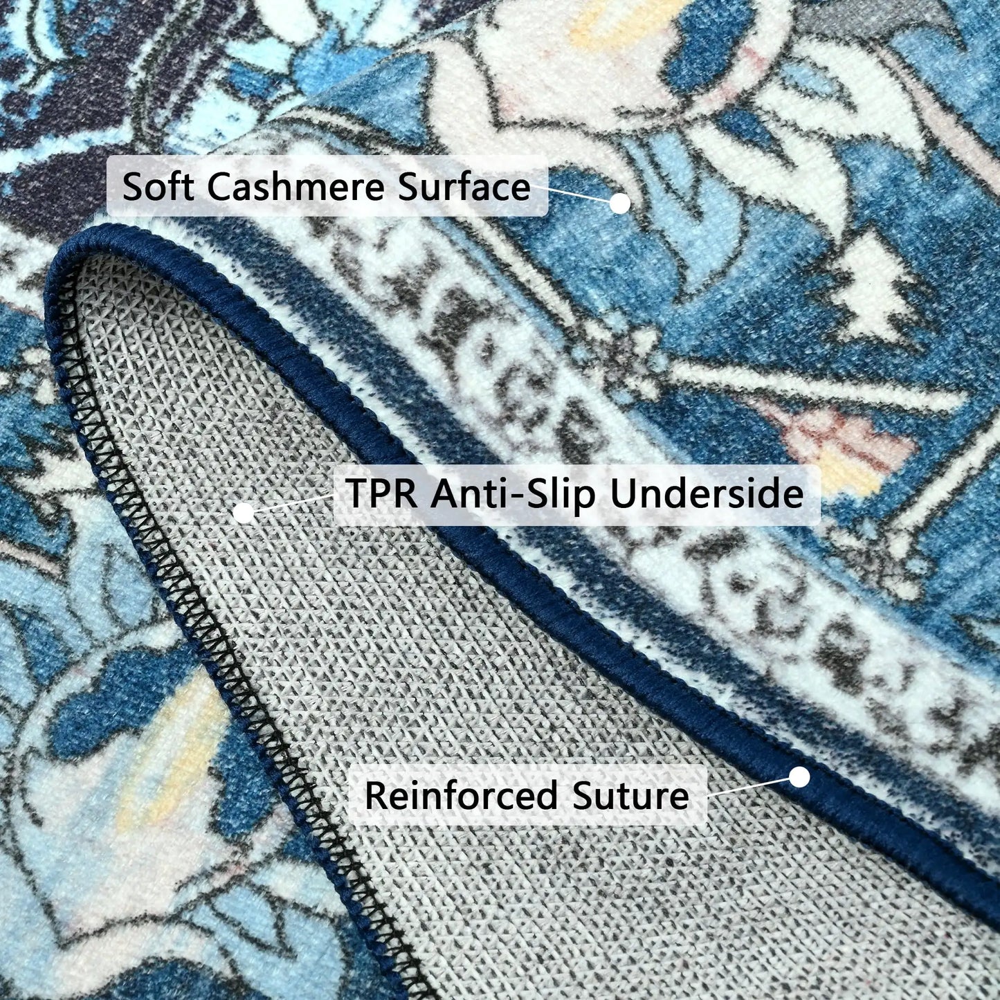 Faux Cashmere Vintage Floral  Soft Accent Area Rug, Low Pile for Living Room Bedroom