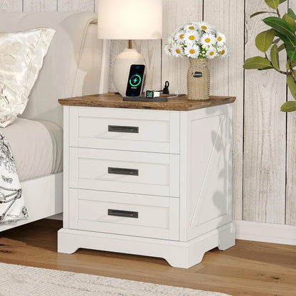 Farmhouse Nightstand with Charging Station, 3 Drawers Bedside Table