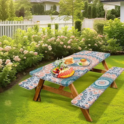 3pcs Picnic Table Covers With Elastic Tablecloth For Outdoor Parties And Camping
