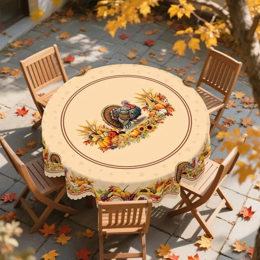 Fall Thanksgiving tablecloth with turkey, pumpkin and sunflower pattern, rectangular and round autumn harvest tablecloths