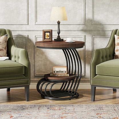 Gold Round End Table: 2 Tiers Faux Marble Side Table with Storage Shelf, Modern White Gold Bedside Nightstand