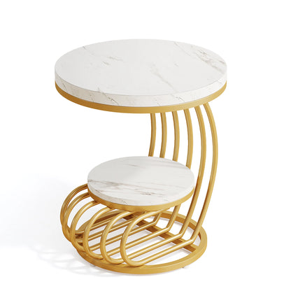 Gold Round End Table: 2 Tiers Faux Marble Side Table with Storage Shelf, Modern White Gold Bedside Nightstand