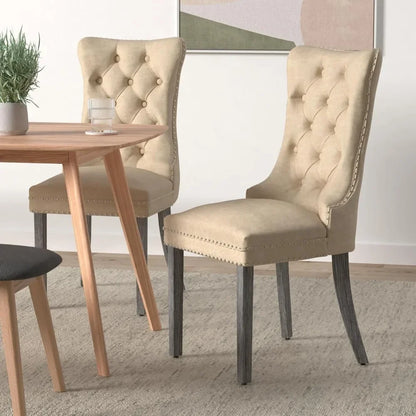 Leather Dining Chairs Set of 6, Upholstered Dining Room Chair with Nail head Trim and Solid Wood Legs, Luxury Wingback