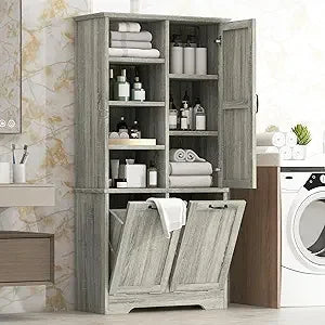 Laundry Cabinet with Tilt Out Laundry Hamper and Drawer, Wood Tall Bathroom Storage Cabinet with Doors and Adjustable Shelves