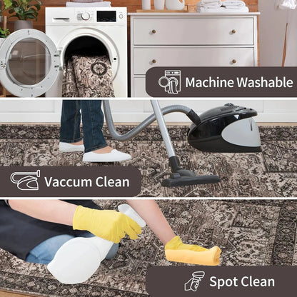 Faux Cashmere Vintage Printed Rug Area Rugs, Low Pile Rugs for Living Room Bedroom