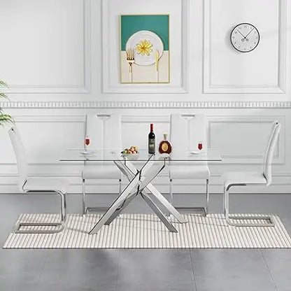 Glass Dining Table Set for 4, 5-Piece Modern Kitchen Table Set with 4 High-Back PU Leather Upholstered Chair for Kitchen Dining