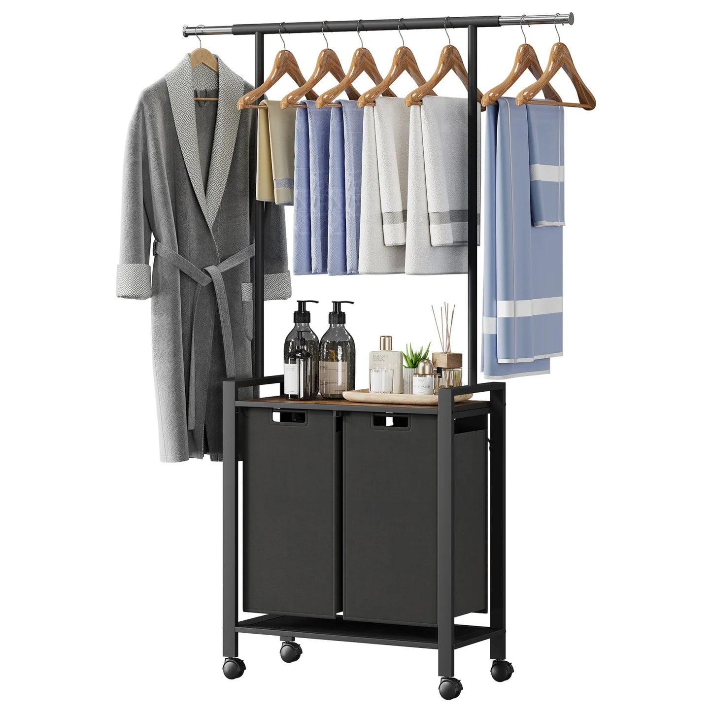 Laundry Sorter With Extendable Hanging Bar Laundry Basket With Wheels And Shelf, Laundry Room Organization And Storage