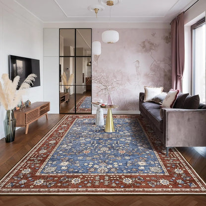 Washable Area Rugs for Living Room Bedroom Vintage Floral Print  Rug Soft Low Pile Non Slip