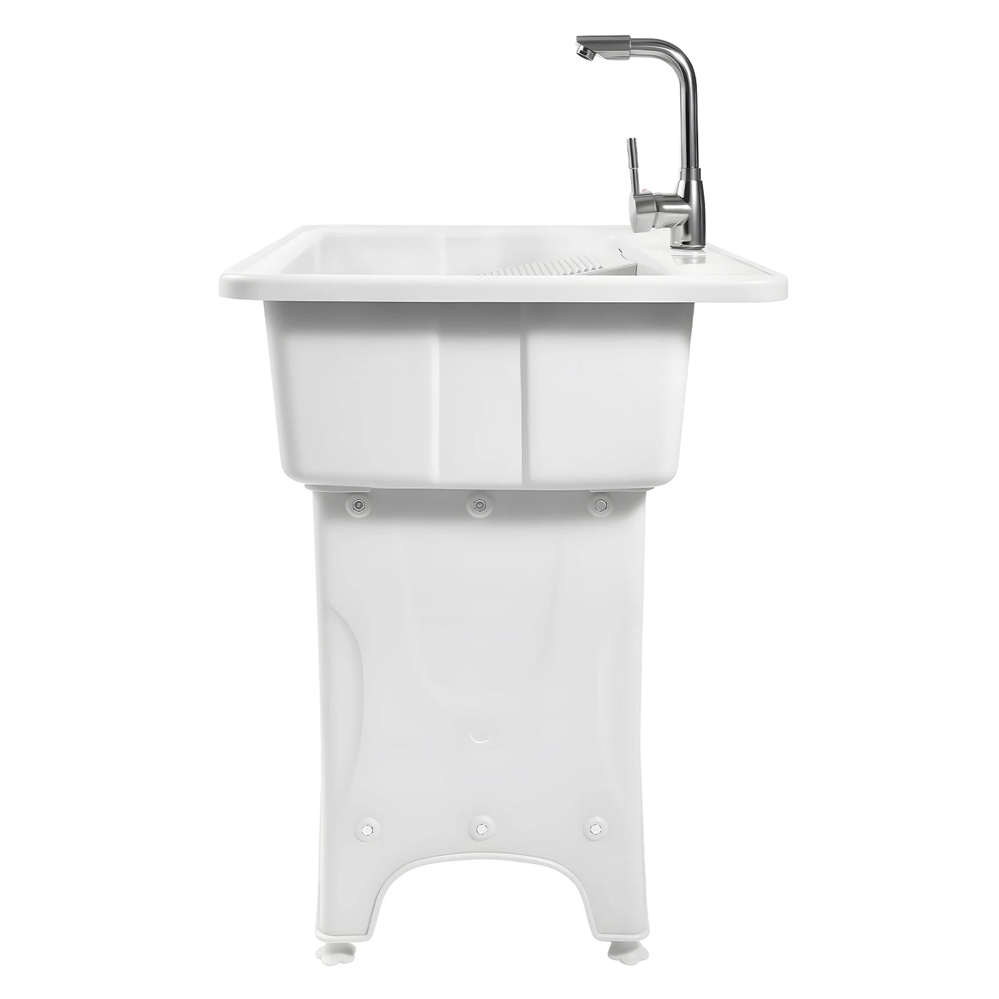 Freestanding Plastic Laundry Sink with Washboard Indoor Outdoor Utility Sink with Cold and Hot Water Faucet Hoses and Drain Kit