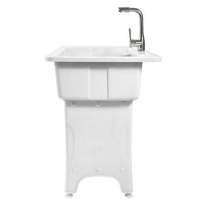 Freestanding Plastic Laundry Sink with Washboard Indoor Outdoor Utility Sink with Cold and Hot Water Faucet Hoses and Drain Kit