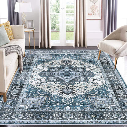 Washable Area Rugs 8x10 Living Room Rug Vintage Medallion  Soft Floor Cover Low Pile Non-Slip
