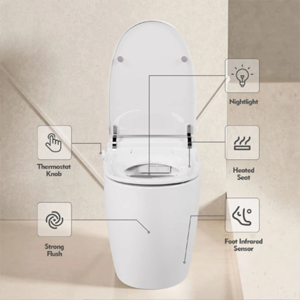 Heated Seat Smart Toilet, One Piece Toilet, Automatic Flush Tank Less Toilet without Bidet, with Foot sensor Flush