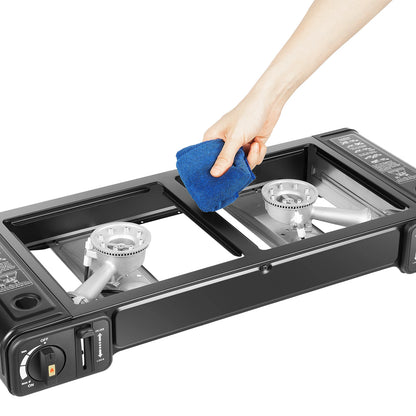 2in1 2-Burner Portable Camping Stove, Butane Camping Stove Kit w/Baking Pan and Carrying Case, Auto Ignition Camping Burner LPG