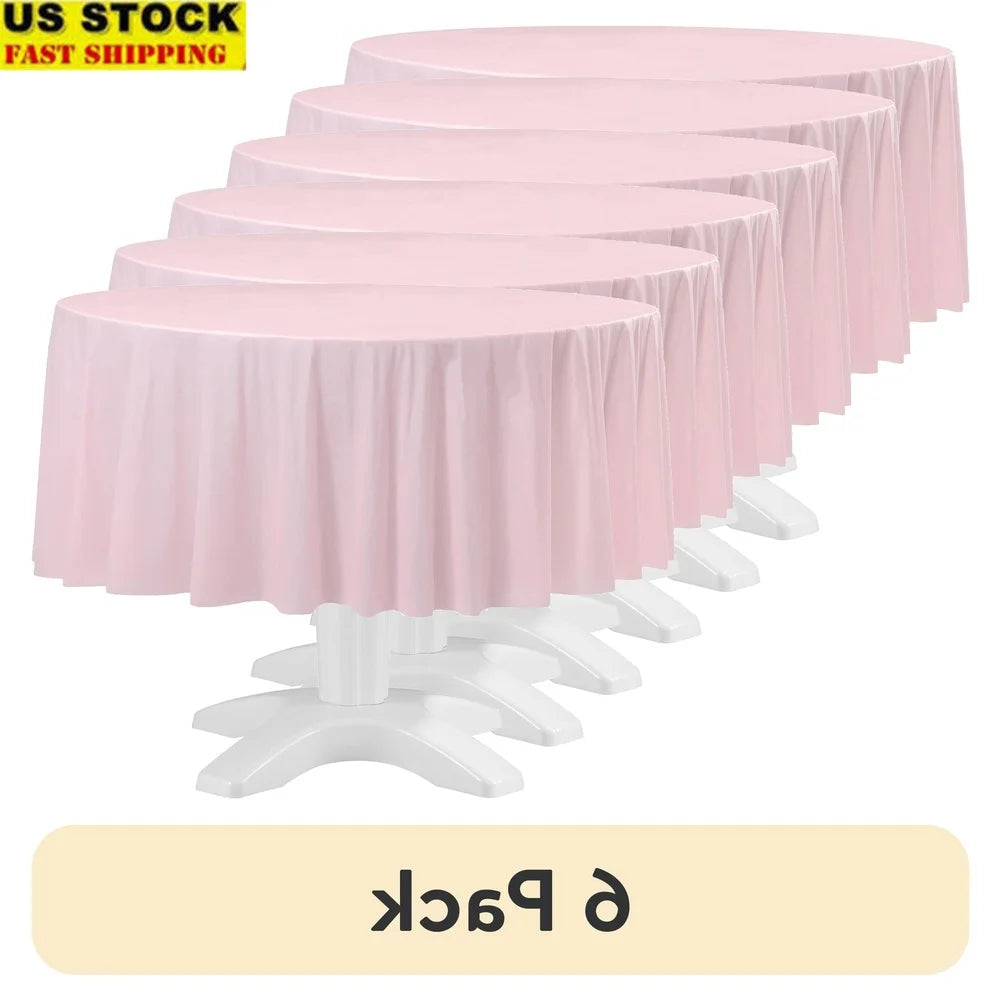 6 Pack 84 Inch Round Light Pink Plastic Table Covers Waterproof Disposable Party Tablecloths Birthday Bridal Shower Events