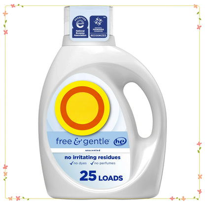 34 fl oz Free & Gentle Laundry Detergent, Hypoallergenic for 25 Loads, Dye & Perfume Free, Sensitive Skin Safe