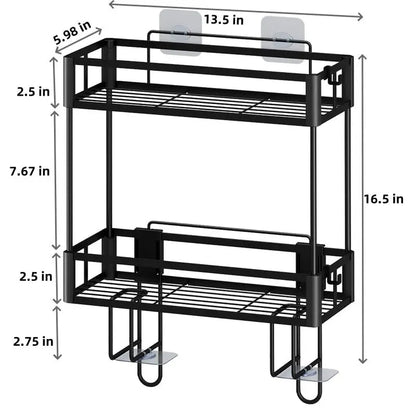 2-Tier Over Toilet Storage Shelf - Wall Mounted with Hooks  Paper Holder, Bathroom Space Saver Organizer for Home,Black