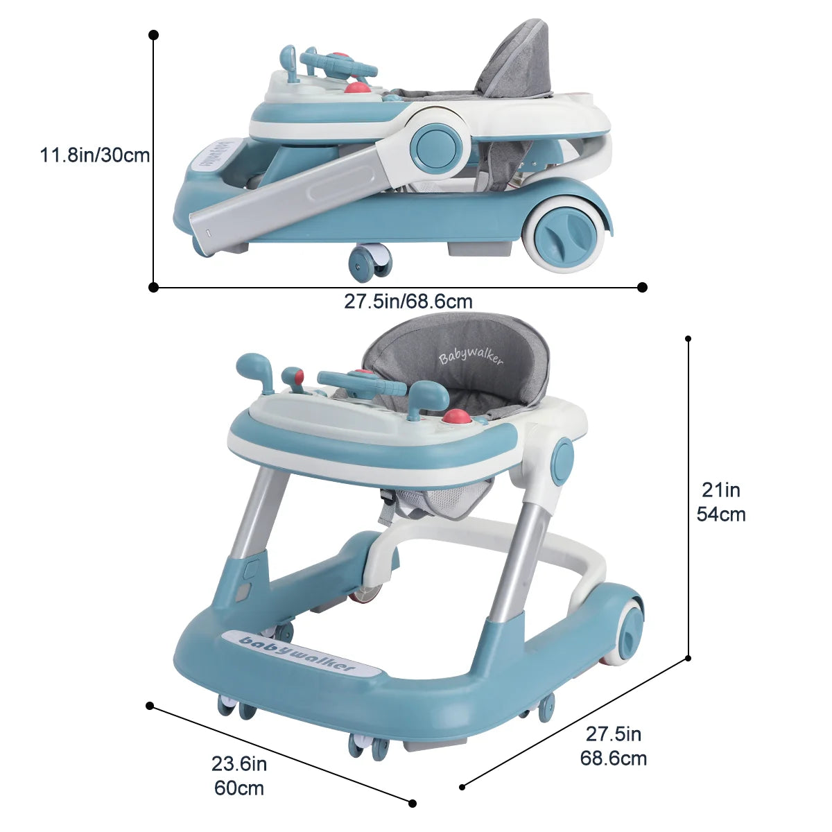 Push Walker with Detachable Feeding and Music Trays, Foldable Learning Toy for Infants and Toddlers, 2 In 1 Walker