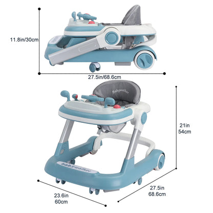 Push Walker with Detachable Feeding and Music Trays, Foldable Learning Toy for Infants and Toddlers, 2 In 1 Walker