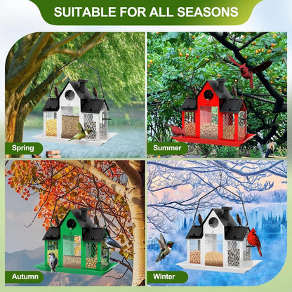 1 Outdoor Hanging Wild Bird Feeder, Large Capacity, Large Birdhouse with Metal Mesh Cover and Seed Tray, Suitable for Titles, Red Birds, Titles, Hummingbirds, Squirrel Protection and Weather-Resistant Metal Outdoor Garden Cou