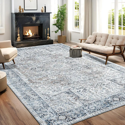 Faux Cashmere Vintage Printed Rug Area Rugs, Low Pile Rugs for Living Room Bedroom
