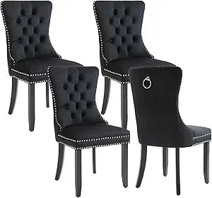 Velvet Upholstered Dining Chairs Set of 4 Wingback Kitchen Room Black Accent Chairs 4PC Solid Wood Leg