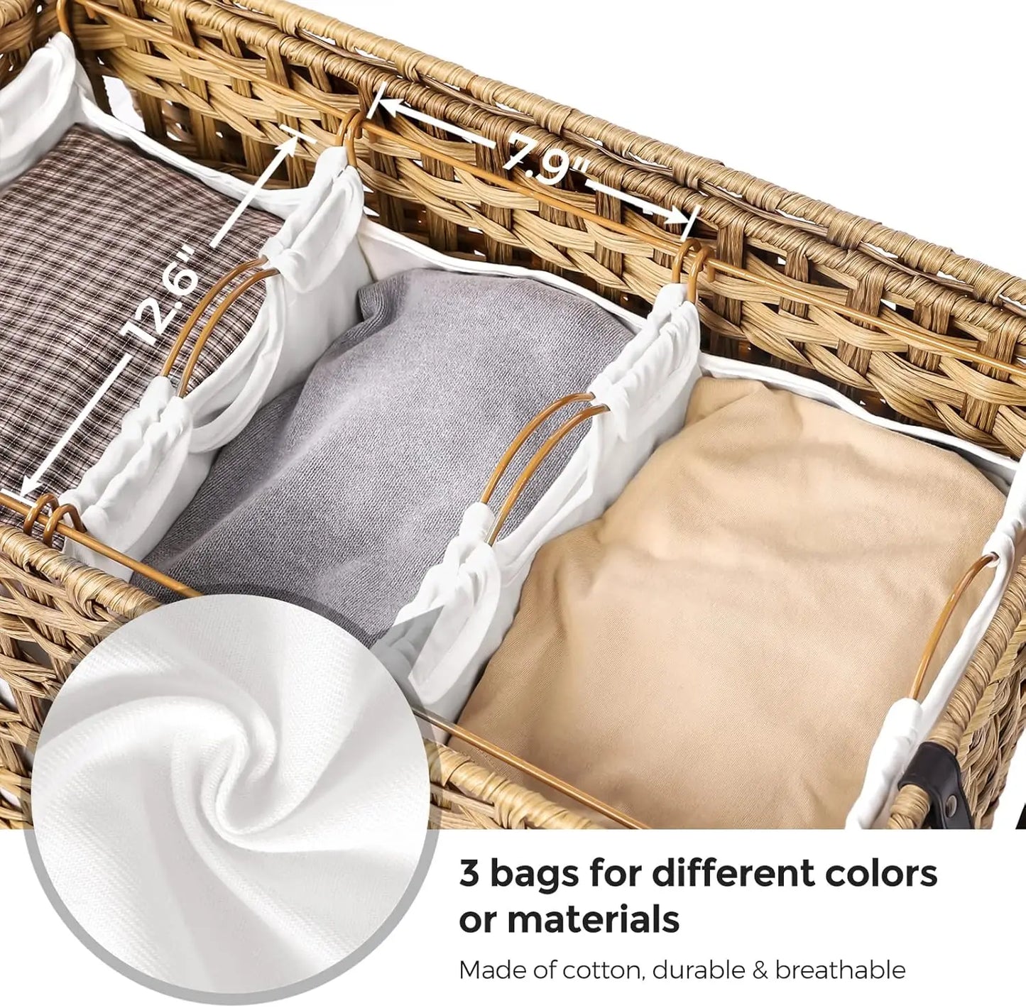 Laundry Hamper with Lid 140L Synthetic Rattan Laundry Basket with Wheels Clothes Hamper with 3Removable Liner Bags 3Section