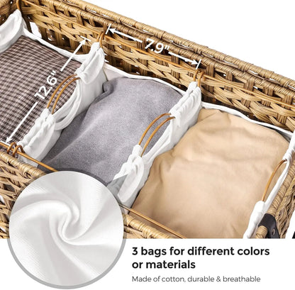 Laundry Hamper with Lid 140L Synthetic Rattan Laundry Basket with Wheels Clothes Hamper with 3Removable Liner Bags 3Section