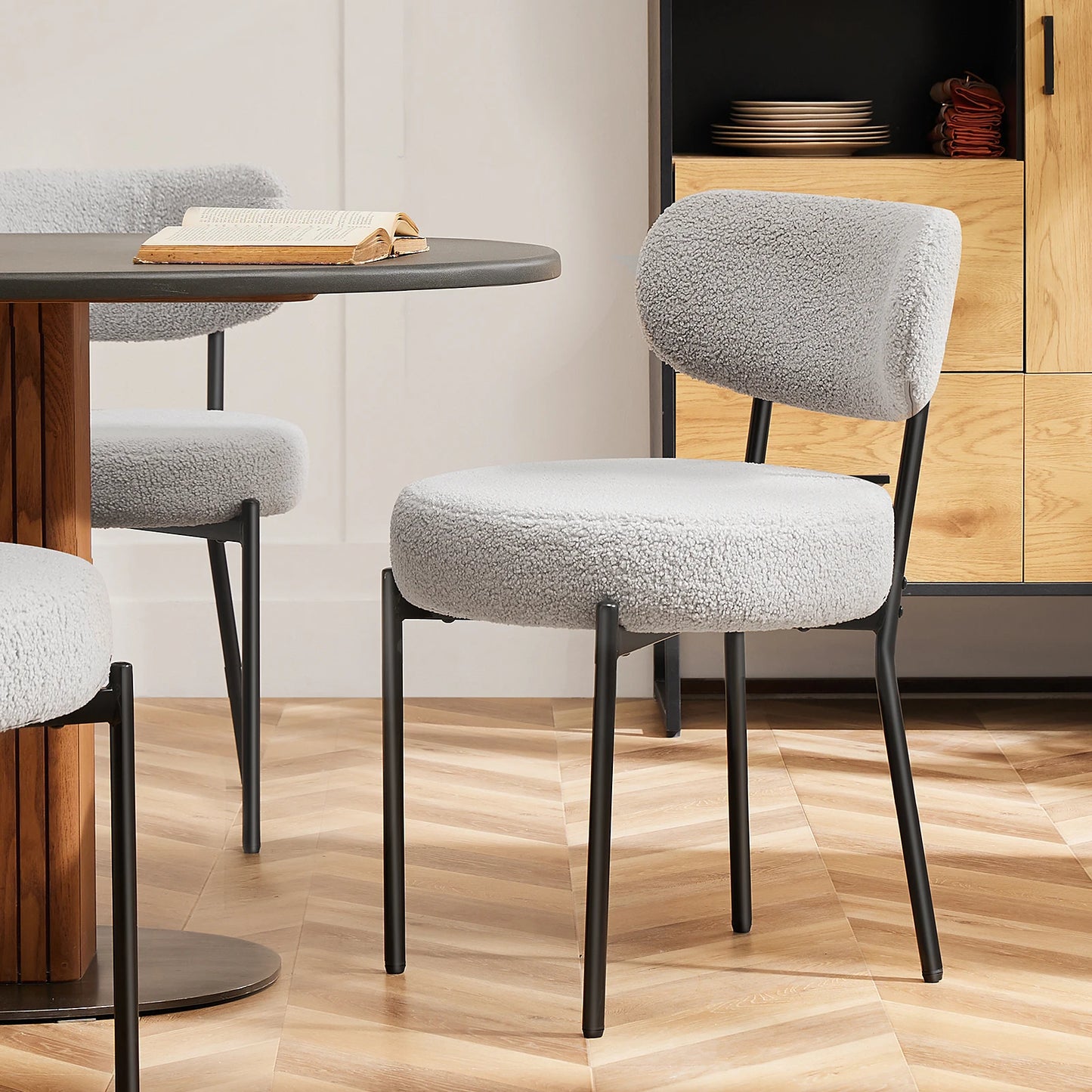 Ergonomic Round Dining Chairs Set of 2 Plush Fabric Kitchen Chairs with Curved Backrest Metal Legs