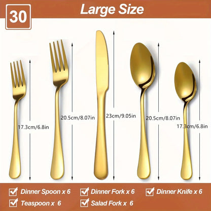 30/60-Piece Luxury Golden Flatware Set, Stainless Steel Cutlery Includes Dinner Spoons,Dinner Forks, Salad Forks, Dinner Knives