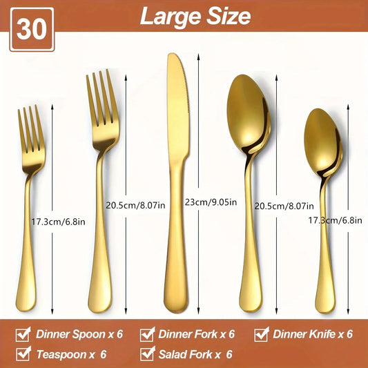 30/60-Piece Luxury Golden Flatware Set, Stainless Steel Cutlery Includes Dinner Spoons,Dinner Forks, Salad Forks, Dinner Knives