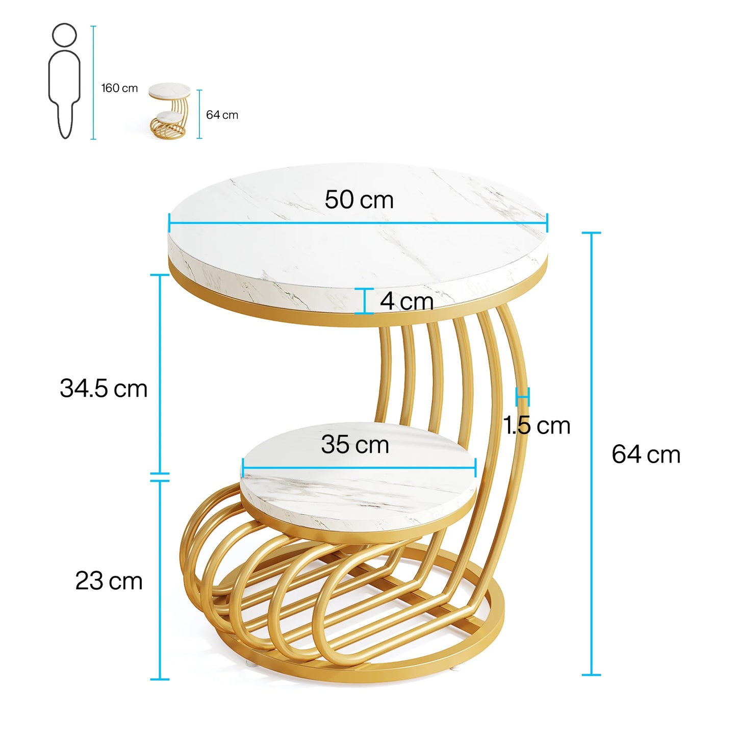 Gold Round End Table: 2 Tiers Faux Marble Side Table with Storage Shelf, Modern White Gold Bedside Nightstand