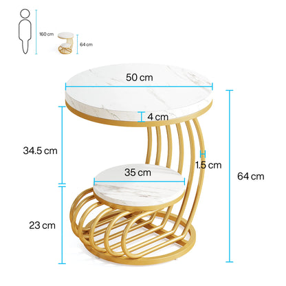 Gold Round End Table: 2 Tiers Faux Marble Side Table with Storage Shelf, Modern White Gold Bedside Nightstand