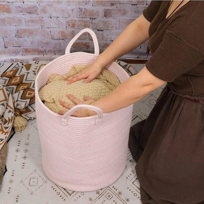 Large Light Pink Cotton Rope Laundry Basket Hamper for Girls Baby Nursery Storage Bin