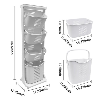 2/4 Tier Laundry Basket Cart Removable Storage Buckets Plastic Hamper with 4 Wheels White