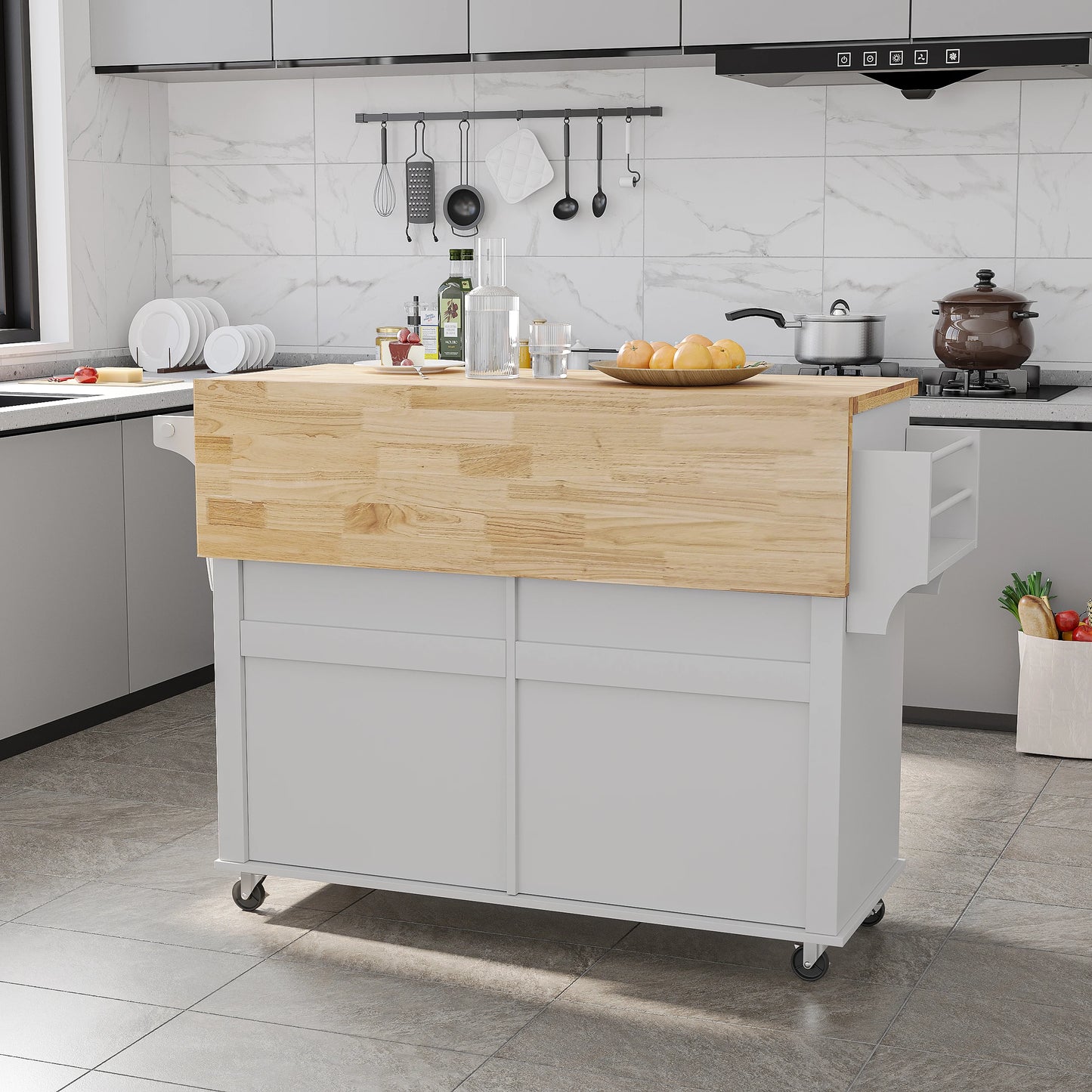 Rolling Kitchen Island with Drop Leaf – Movable Kitchen Carts on Wheels Island with Storage Cabinet