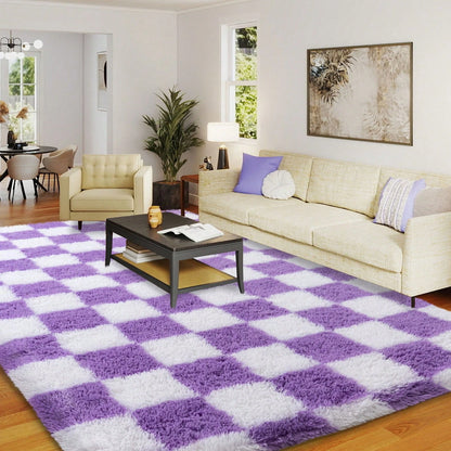 Fluffy Long Shag Plaid Area Rug for Bedroom, Living Room Washable , Super Soft Indoor Plush Rug.