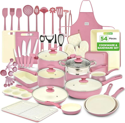 54 Piece Professional Grade Complete Home Kitchen Cookware Set, Ceramic Non-Stick Bakeware, Pots and Pans Kit,