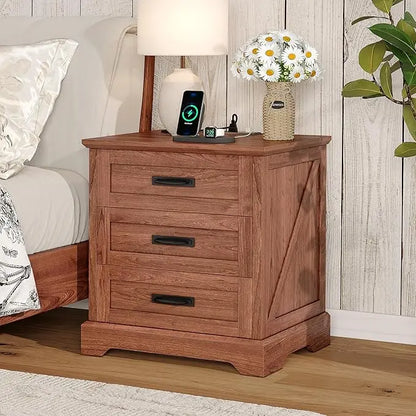 Farmhouse Nightstand with Charging Station, 3 Drawers Bedside Table