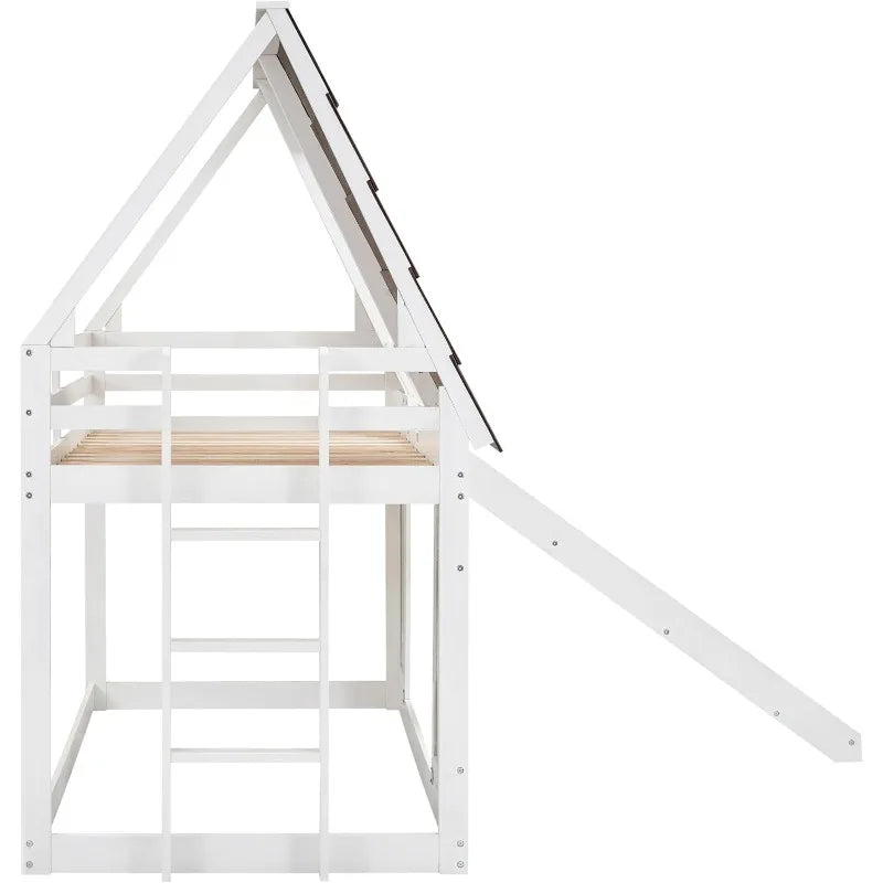 Twin Over Twin House Bunk Bed Frame with Roof ,Window ,Ladder and Slide for Boys Girls, White & Brown