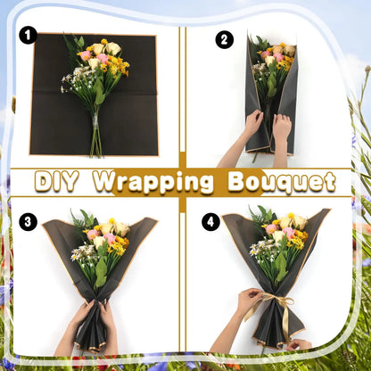 20 Sheets Black Flower Wrapping Paper with Golden Edges, Korean Florist Bouquet Supplies, Waterproof Packaging, Great for DIY Cr